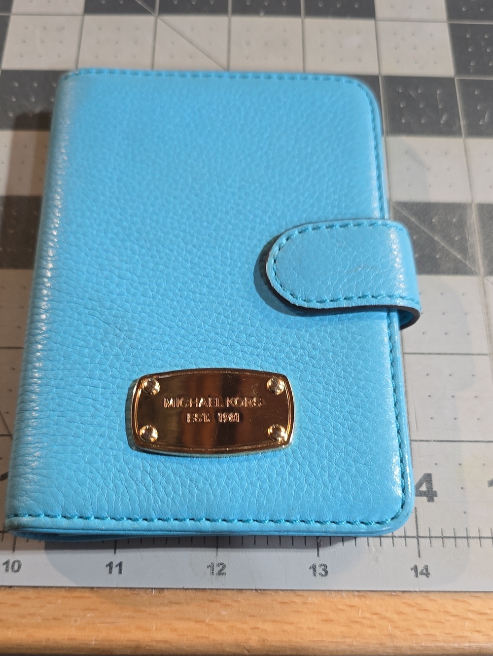 Michael Kors Saffiano Leather Passport Wallet Case with Gold Nameplate In Teal